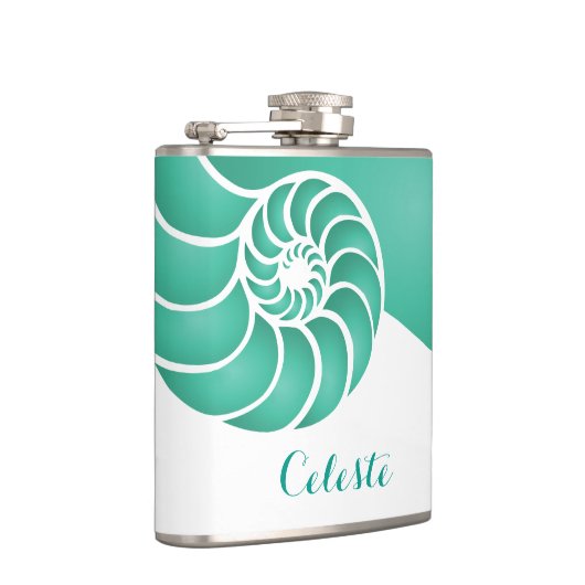 Aqua Nautilus Shell met Custom Monogram Heupfles (Rechts)