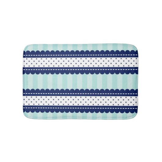 Aqua Navy Blue Stripes en Polka Dots Pattern Badmat (Voorkant)