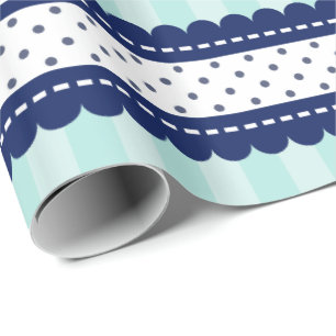 Aqua Navy Blue Stripes en Polka Dots Pattern Cadeaupapier