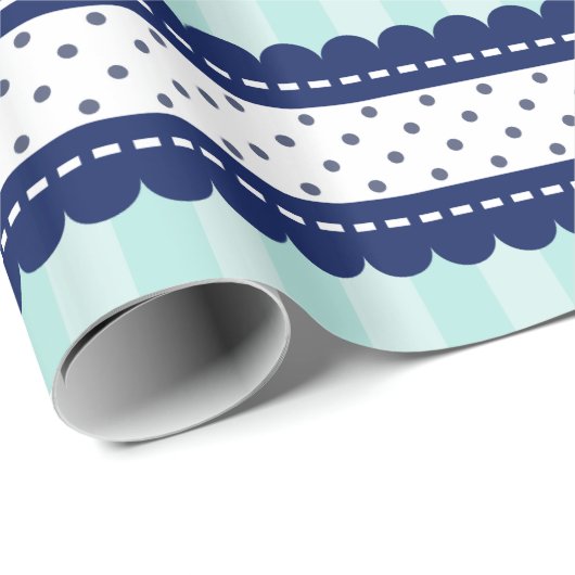 Aqua Navy Blue Stripes en Polka Dots Pattern Cadeaupapier (Rol Hoek)