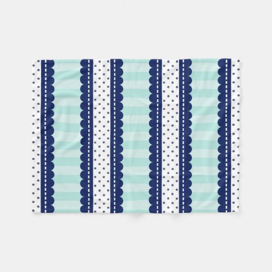 Aqua Navy Blue Stripes en Polka Dots Pattern Fleece Deken (Voorkant (Horizontaal))