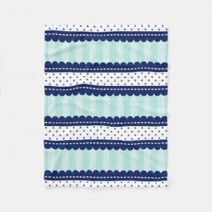Aqua Navy Blue Stripes en Polka Dots Pattern Fleece Deken