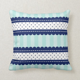 Aqua Navy Blue Stripes en Polka Dots Pattern Kussen