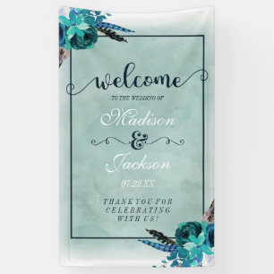 Aqua & Navy Blue Waterverf Bloemenbruiloft Welkom Spandoek