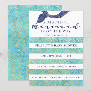 Aqua Navy Gold Mermaid Scales & Stipe Baby shower Kaart