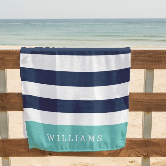 Aqua & Navy Stripe, gepersonaliseerd Strandlaken