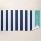 Aqua & Navy Stripe, gepersonaliseerd Strandlaken (Voorkant)