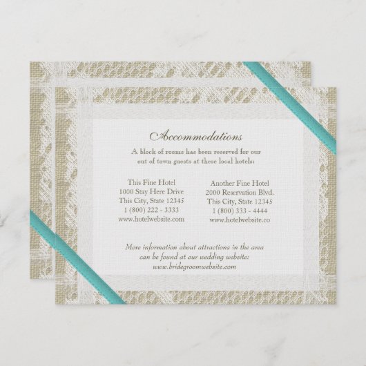 Aqua Ocean Lace en Burlap Routebeschrijving Informatiekaartje (Voorkant / Achterkant)