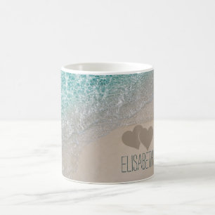 Aqua Ocean Sand Carved Hearts Voeg Naam toe Koffiemok