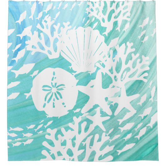 Aqua Ocean Seashells Viskoraal Douchegordijn (Voorkant)
