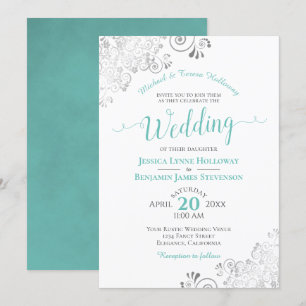 Aqua of Cyaan & Silver Lace Formal White Wedding Kaart