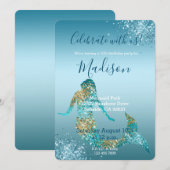 Aqua Ombre Gold Glitter Sparkle Mermaid Invitation Kaart (Voorkant / Achterkant)
