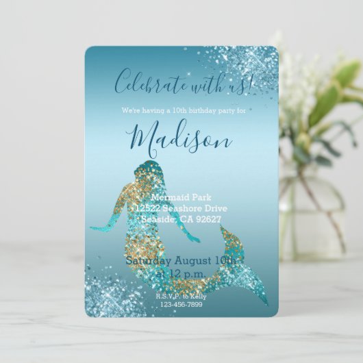 Aqua Ombre Gold Glitter Sparkle Mermaid Invitation Kaart (Staand voorkant)