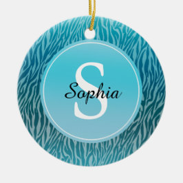 Aqua Ombre Zebra Print Monogram Keramisch Ornament