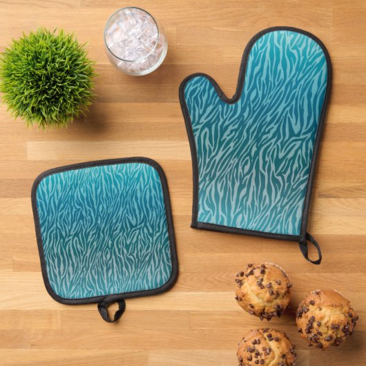 Aqua Ombre Zebra Print Ovenwant & Pannenlap Set (Top down)