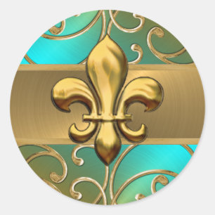Aqua Oranje en Gold Filigree Swirls Fleur de Lis Ronde Sticker