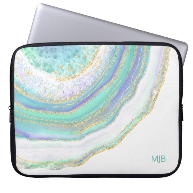 Aqua Paars Agate Marble Pattern en Monogram Laptop Sleeve (Voorkant)