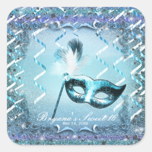 Aqua & Paarse Masquerade Masker Elegant Balfeest Vierkante Sticker