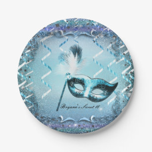 Aqua & Paarse Masquerade Masker Elegant Ball Party Papieren Bordje