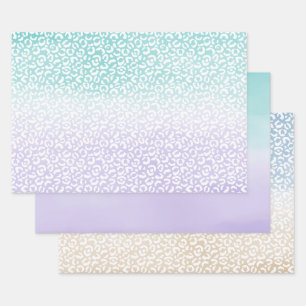 Aqua Paarse Ombre Waterverf Leopard Print Inpakpapier Vel