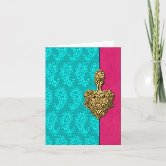 Aqua Paisley Peacocks Indian Note Cartes (Devant)