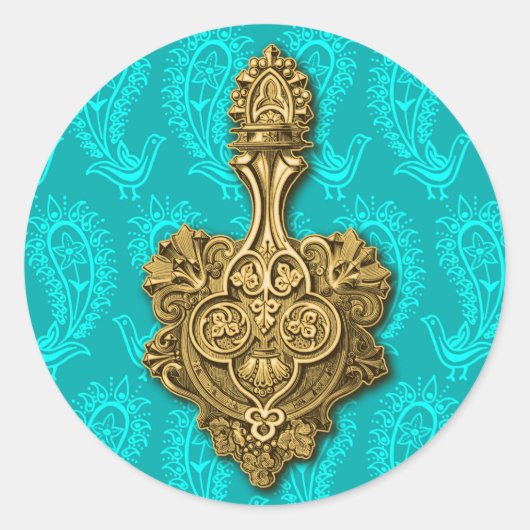 Aqua Paisley Peacocks Sticker / Envelope Seal (Voorkant)