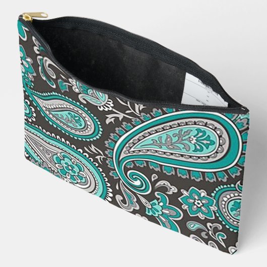 Aqua Paisley Print Cosmetic Bag Etui (Open)