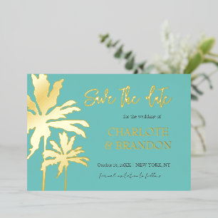 Aqua Palm Trees Beach Wedding Save the Date Gold Folie Uitnodiging