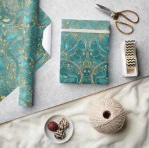 Aqua parelglans & gouden zeemeermin schubpatroon cadeaupapier