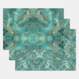 Aqua parelglans & gouden zeemeermin schubpatroon inpakpapier vel