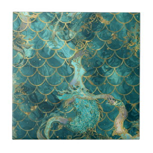 Aqua parelglans & gouden zeemeermin schubpatroon tegeltje