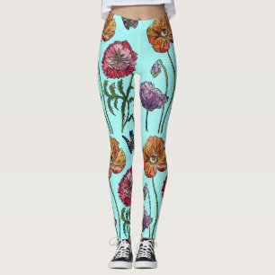 Aqua Pavot moyen Pavot Floral Aquarelle Leggings