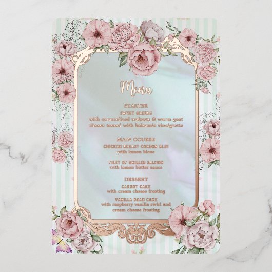  Aqua Peony Wedding Folie Menu Kaart (Voorkant)