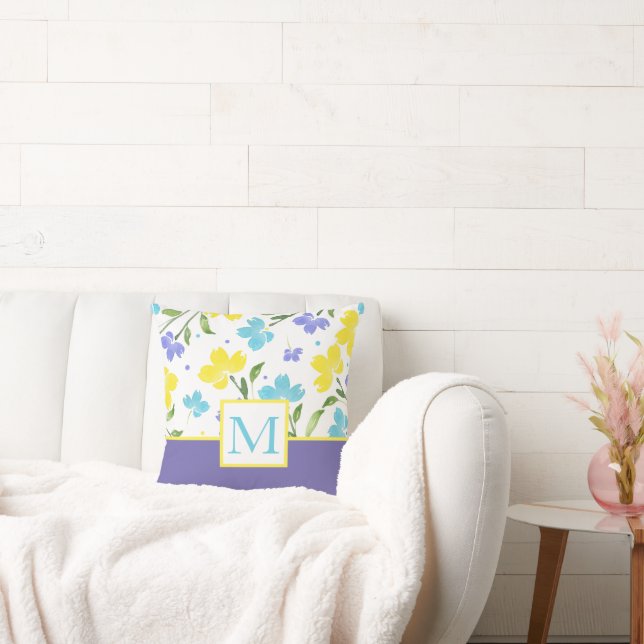 Aqua Periwinkle Gele Waterverf Bloemstenen Kussen (Bank)