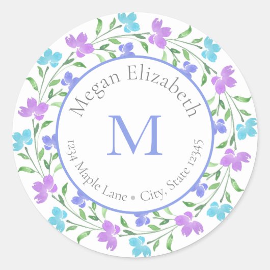 Aqua Periwinkle Paarse Bloemenkrans label (Voorkant)