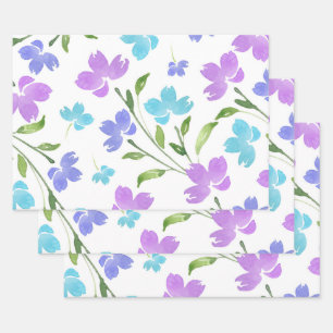 Aqua Periwinkle Paarse Waterverf Floral Stems Inpakpapier Vel