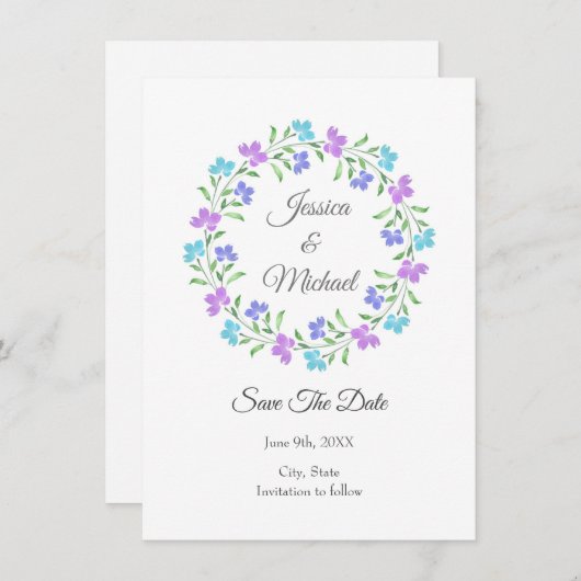 Aqua, Periwinkle, Paarse Waterverf Floral Wreath Save The Date (Voorkant / Achterkant)