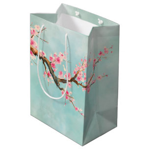 Aqua Pink Cherry Blossom Floral Medium Cadeauzakje