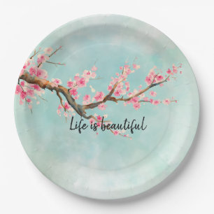 Aqua Pink Cherry Blossom Floral Papieren Bordje