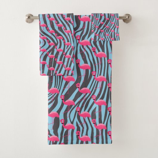 AQUA PINK FLAMINGO ZEBRA PRINT BATHROOM TOWEL SET BAD HANDDOEK (Insitu)