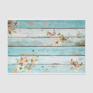 Aqua Pink Flower Wood Plank Decoupage Papier