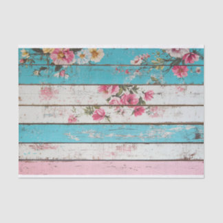 Aqua Pink Flower Wood Plank Decoupage Papier