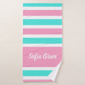 Aqua Pink Stripes Nom du script Serviette de bain (Serviette de bain)