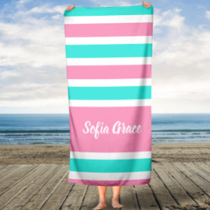 Aqua Pink Stripes Nom du script Serviette de bain