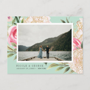 Aqua Pioen en bloemen Foto BRUILOFT SAVE THE DATE Aankondigingskaart