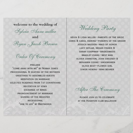 aqua pois floral book fold Programme de mariage (Dos)