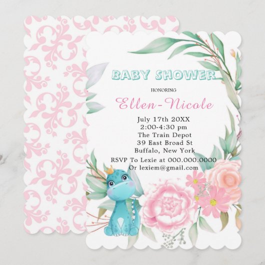Aqua Princess Dinosaures Peony Invitations Baby sh (Devant / Derrière)