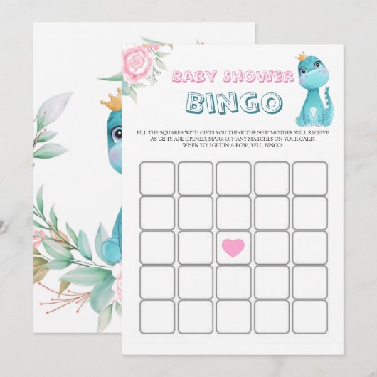 Aqua Princess Dinosaurs Baby shower Bingo (Voorkant / Achterkant)