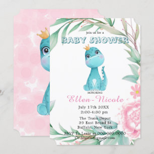 Aqua Princess Dinosaurs Peony Baby shower Invites Kaart