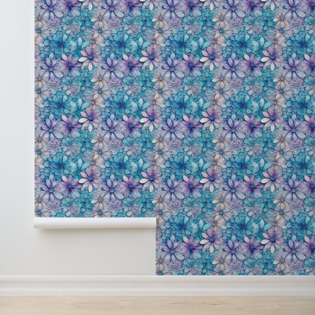 Aqua Purple Flowers Behang (Applicatie)